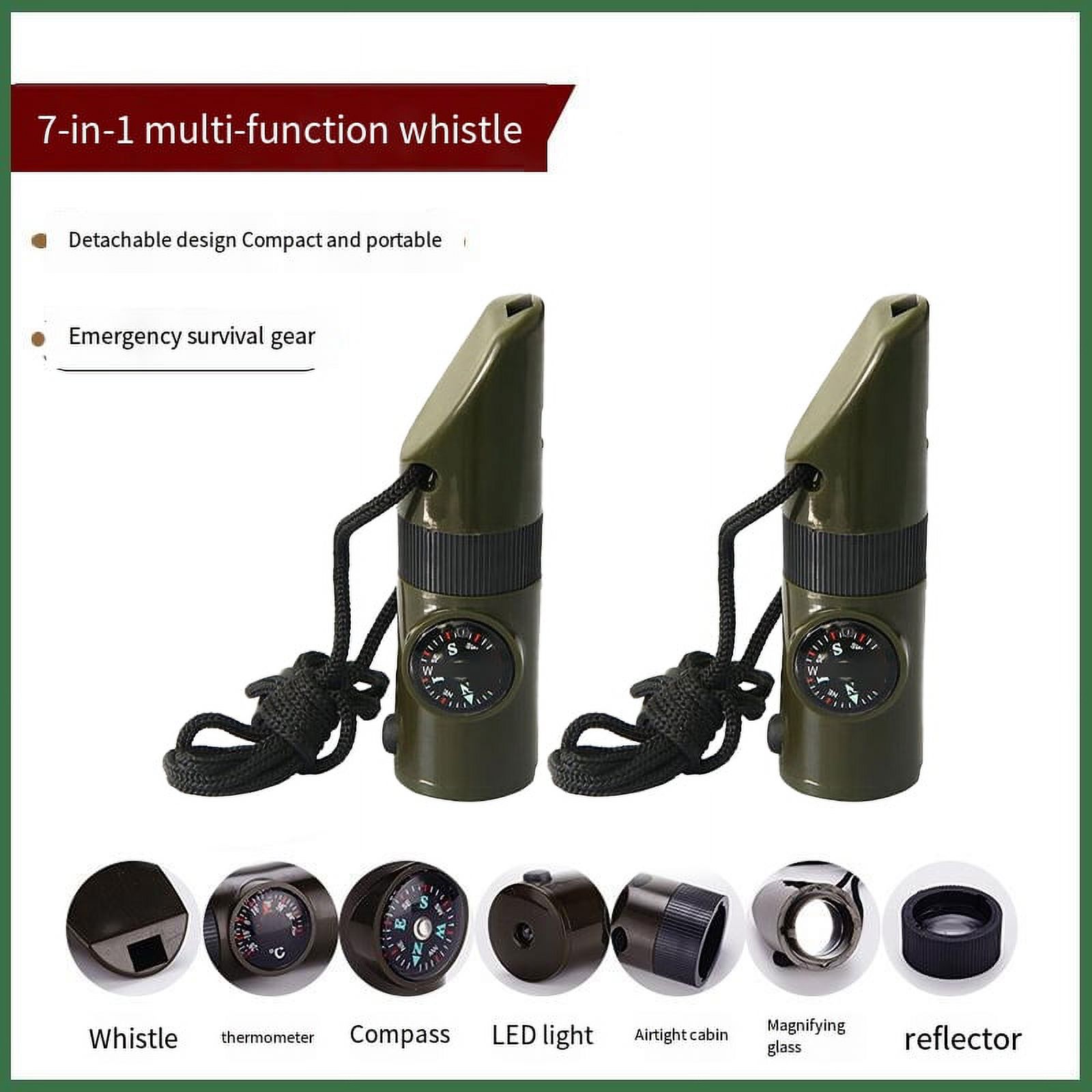 2pcs 7-in-1 Emergency Survival Whistle Kit ,Multifunctional Whistle- Multifunctional Tool with Compass, LED Light, and Thermometer for Outdoor Use